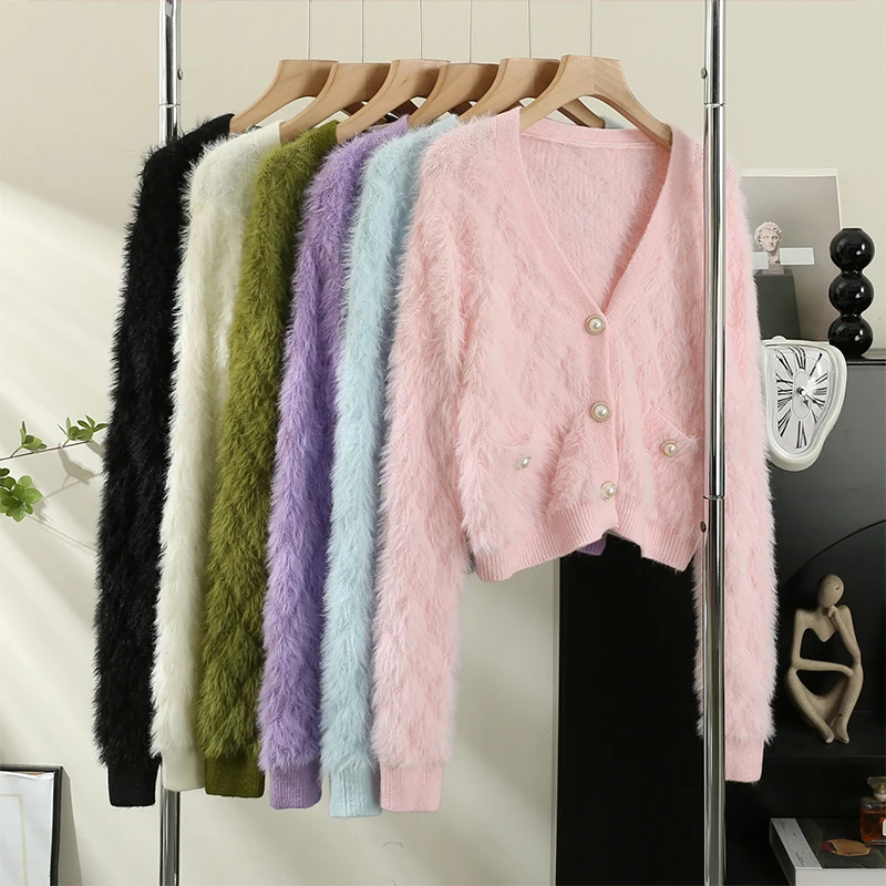 

Long Sleeve Female Casual Clothes Chic Cardigans for Woman Vintage Korean Fashion Ladies Puff V Neck Purple High Street Cute Top