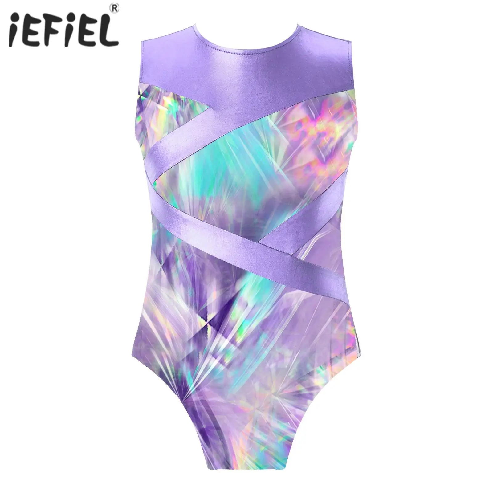 Kids Girls Rhythm Gymnastic Skating Bodysuit Swimsuit for Ballet Dancing Printed Metallic Leotard Round Neck Hollow Out Jumpsuit ballet leotard dance leotard girls dance costumes