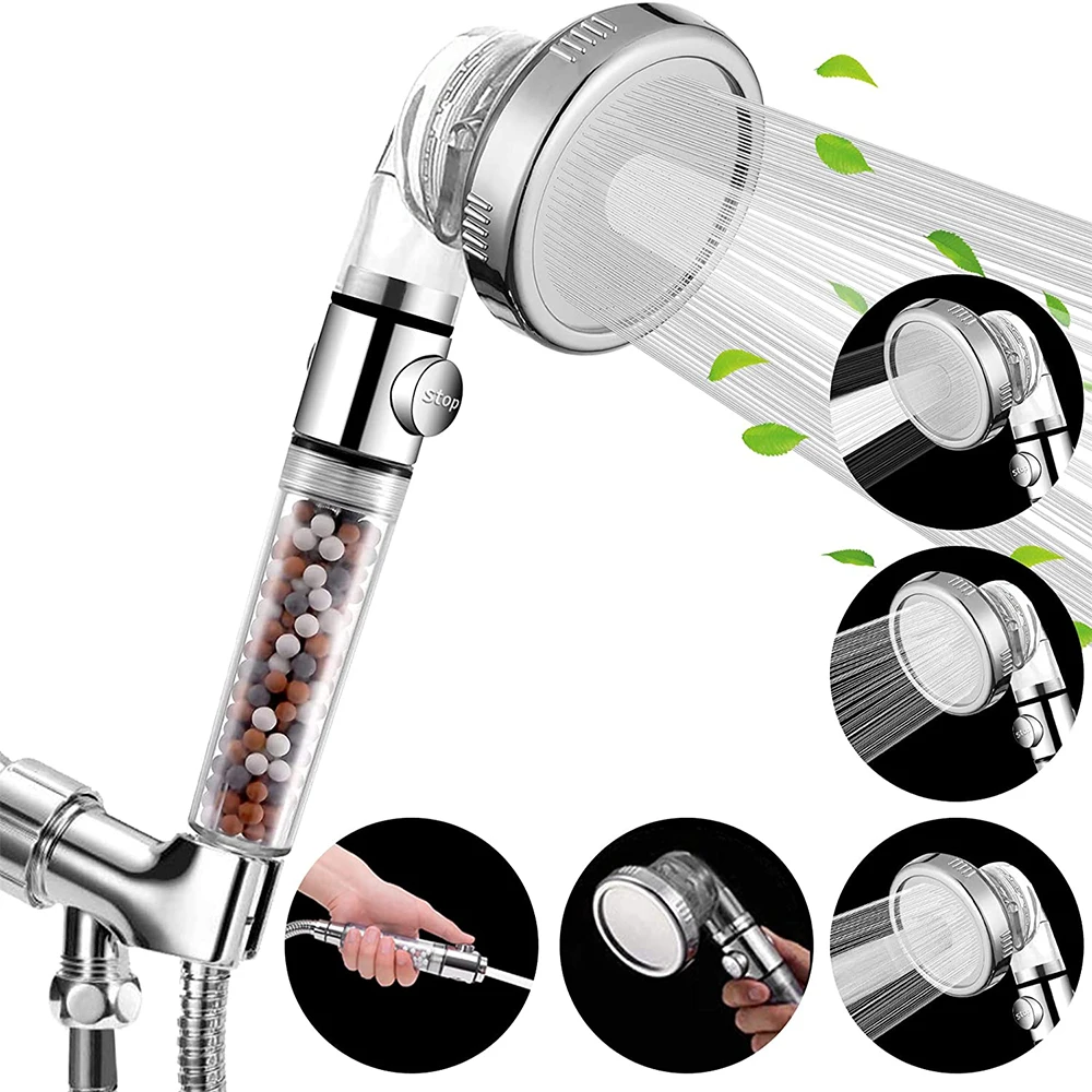 3 Modes Stop Button Shower Head High Pressure Water Saving Bathroom