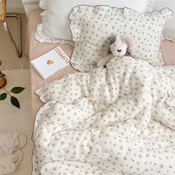 INS Princess Ruffle Edge Gauze 100% Cotton Pillow Case Breathable Duvet Cover Without Filler 3PCS Floral Home Bedding Set 1
