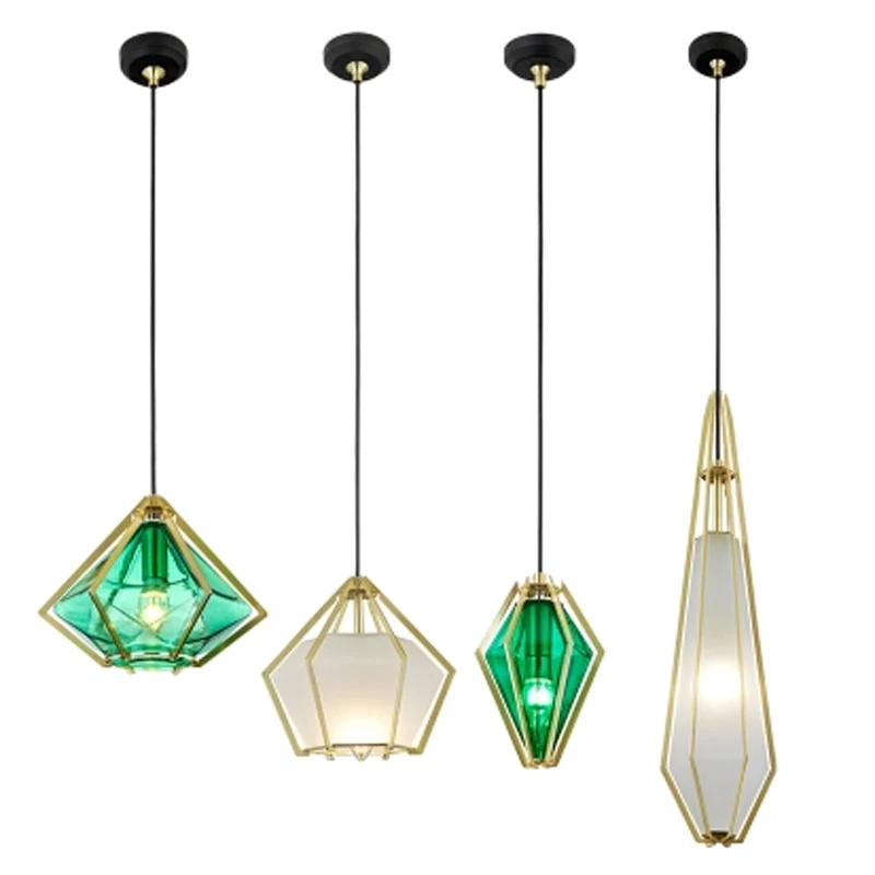 Nordic Modern Glass Geometric Restaurant Bedroom Livingroom Green Single Pendant Lamp Creative Diamond Iron Lighting LED Fixture