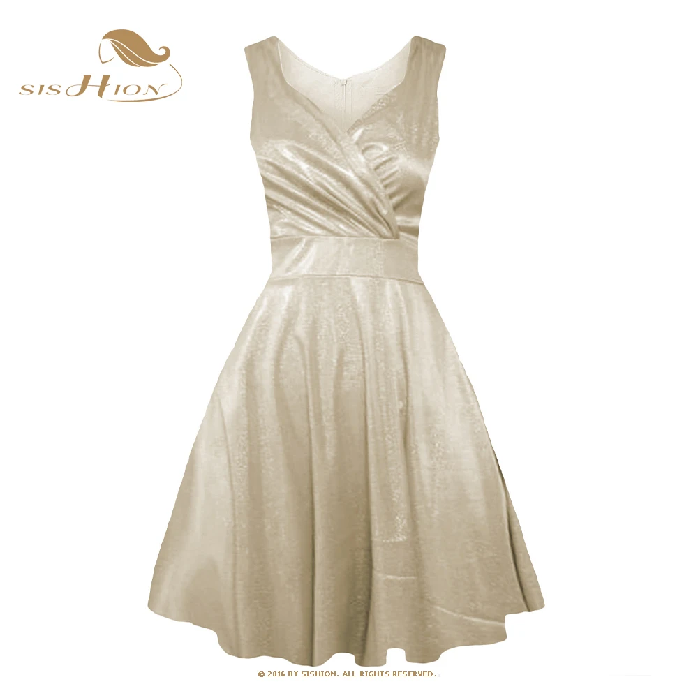 

SISHION 2023 New Summer Women Dress Ladies Black Gold V-Neck Sleeveless Vintage Sexy Swing Midi Dresses VD3797
