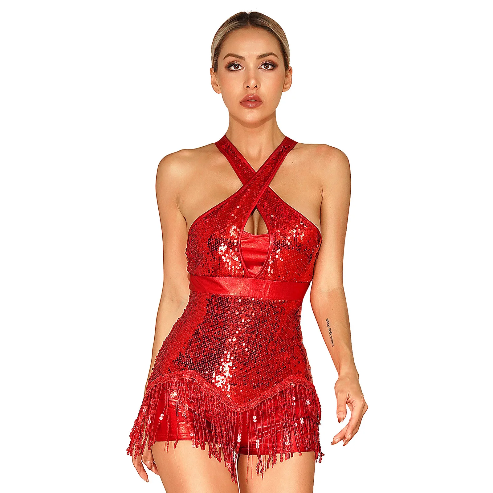 

Womens Latin Dress Glittery Sequins Tassel Dance Leotard Cha-Cha Performance Costume Cross Front Fringed Bodysuit Dancewear