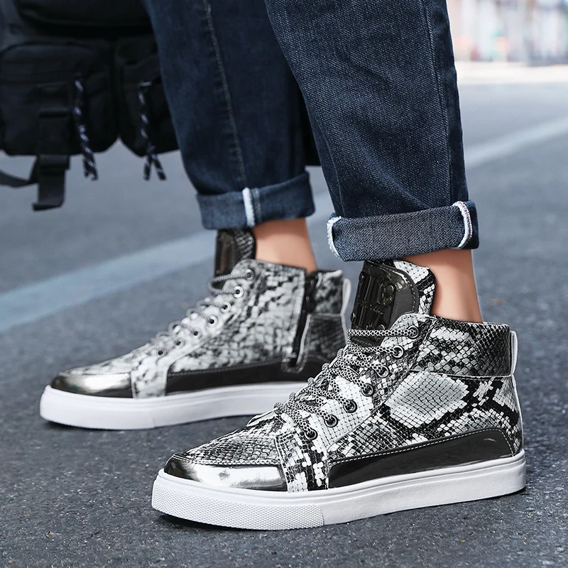 Silver Snaker Leather Men Brand Sneakers Trendy Zippers Design Mens Vulcanized Sneakers Leather Glitter Men High Top Sneakers 3