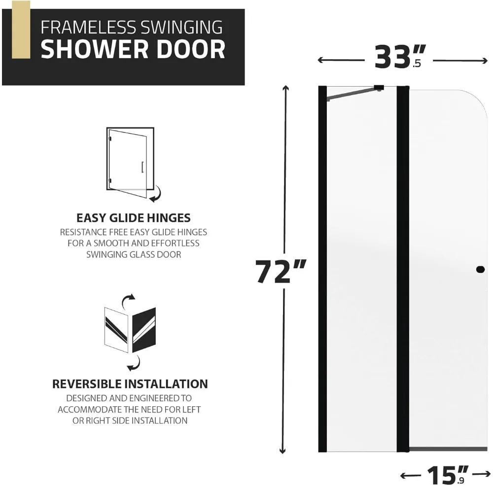 Frameless Swinging Shower Door, Resistance Free Hinges for Smooth Opening and Closing, Reversible Installation 72" x 33.5" 4