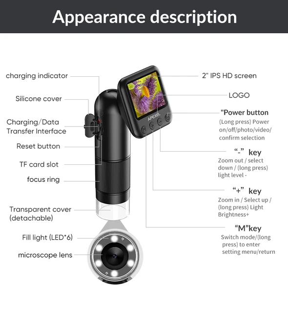 APEXEL 800X Handheld Digital Microscope 2” LCD Screen Adjustable Light + SD  Card