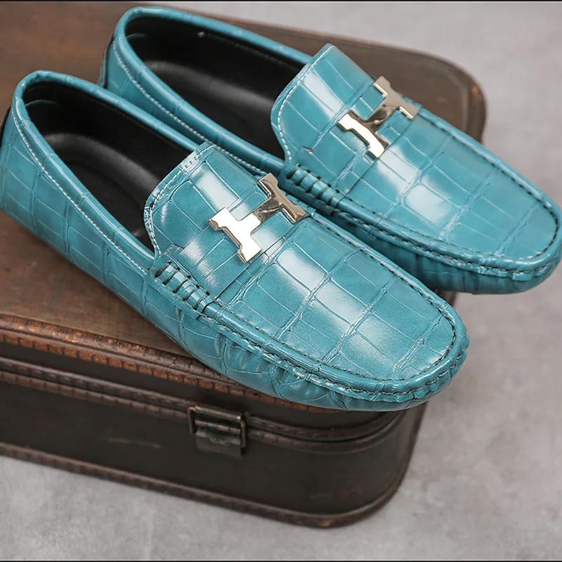 

Spring Summer Fashion Metal Blue Mens Loafers Flats Slip-on Luxury Leather Shoes Men Casual Driving Shoes Man Size 48 Chaussures