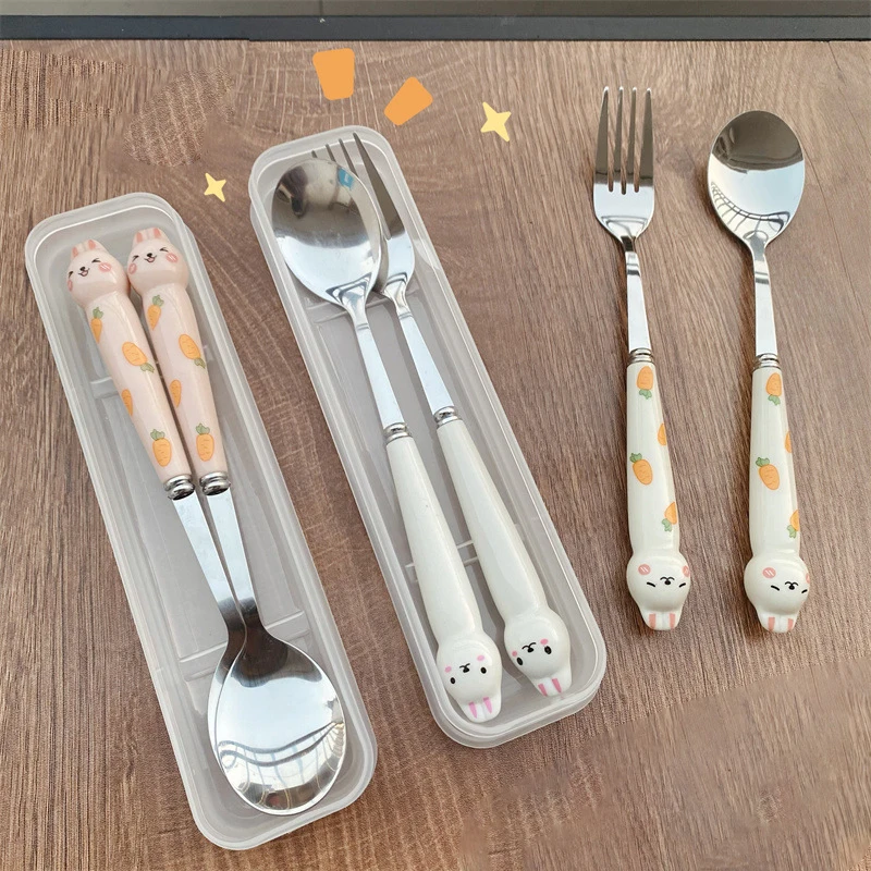 Tableware Set Spoon Fork Chopstick Cute Rabbit Student Portable Dinnerware Camping Travel Cutlery Sets with Box
