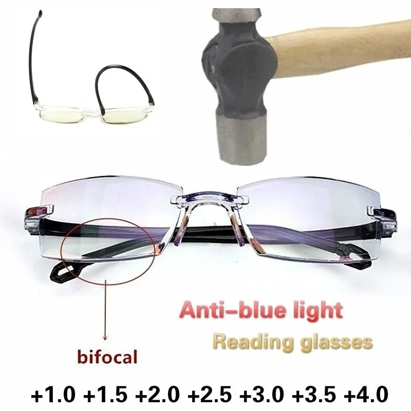  2 Pair New Men Women Rimless Reading Glasses Anti Blue Light Bifocal Far Near Magnification Eyewear Presbyopic Glasses +150 +200 