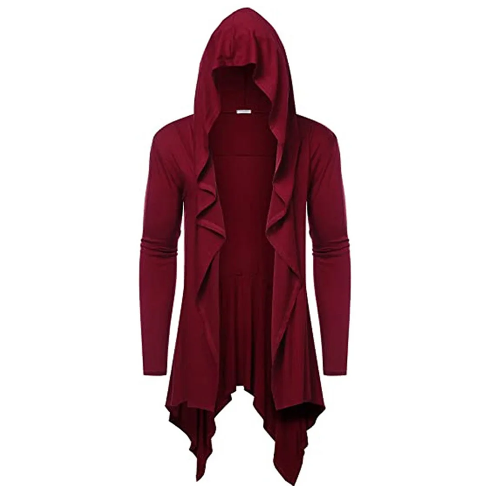 Men's Mid-century Composite Long Hooded Cardigan with Ruffled Horn Collar Draping Cape Coat with Pockets Hip Hop Y2k
