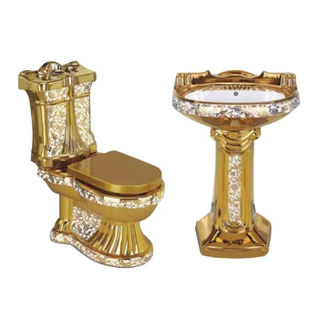 European luxury vintage bathroom wc ceramic gold two piece toilet 1
