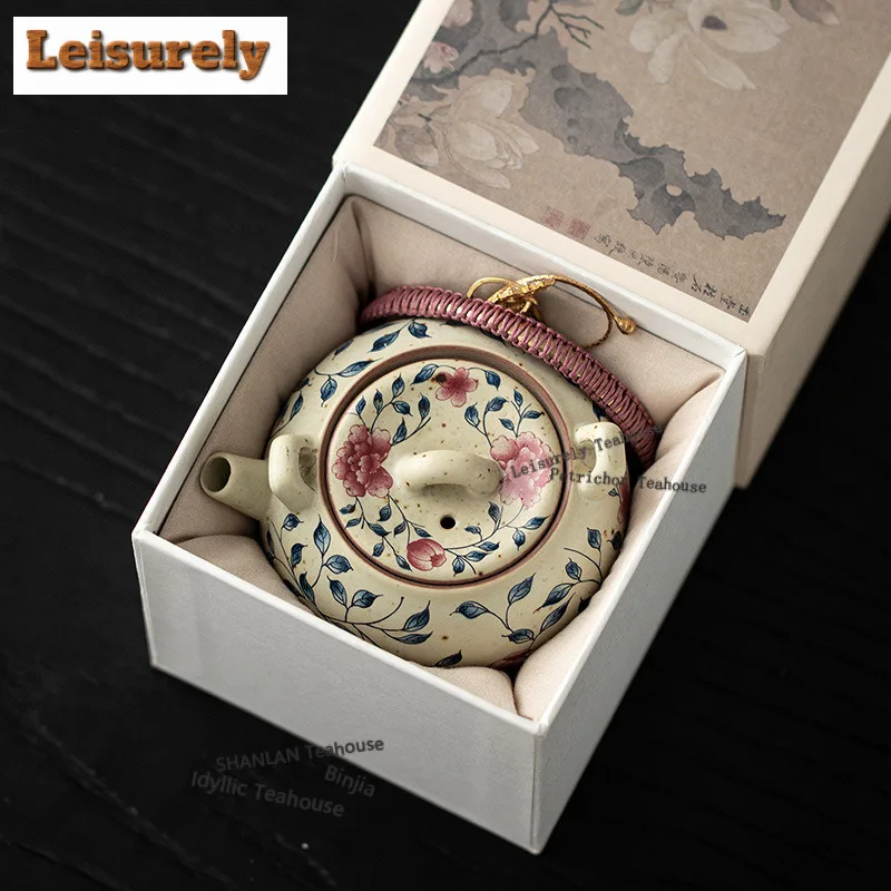 220ML Caramel Glaze Peony Lifting Handle Teapot Antique Tea Infuser Pot Tea Soaking Kettle With Ball Hole Teaware Decoration