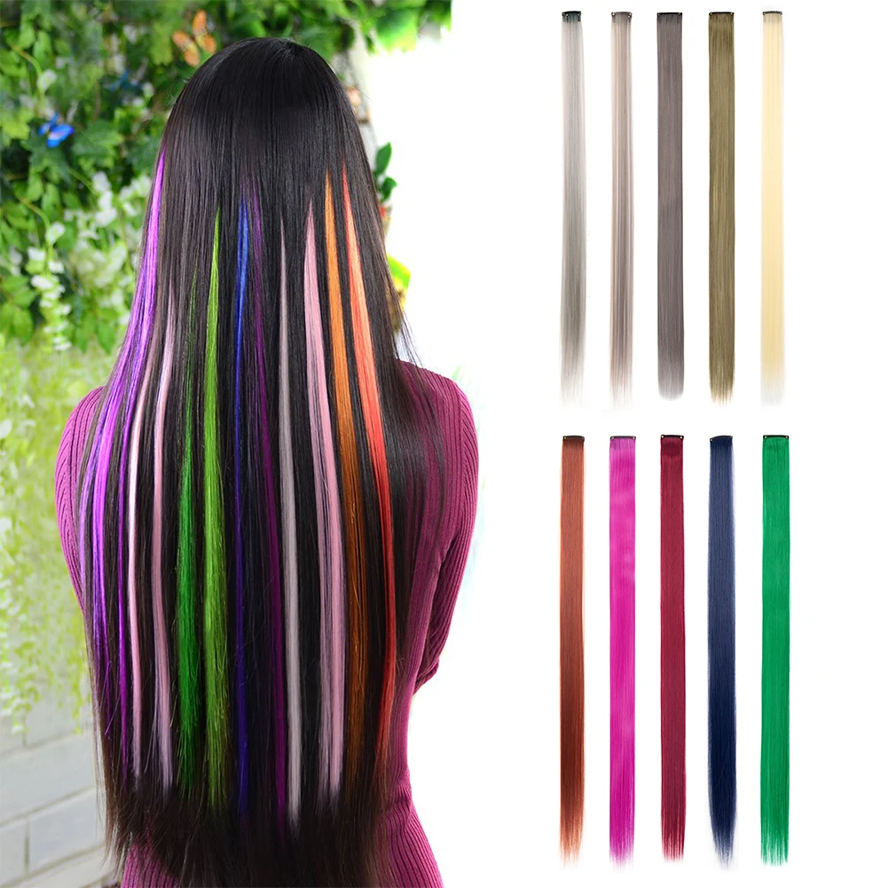 Extensiones de Cabello sintético liso para mujer, postizos con Clip de colores de 22 pulgadas, color arcoíris, 10 piezas, para fiesta de Cosplay, Navidad y Año Nuevo