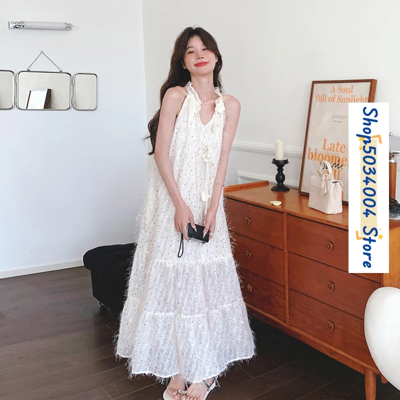 

Sleeveless White Sequin Tassel Sling Dress for Women 2024 Summer New Elegant Sweet Party Beach Style Loose Maxi Dresses 88636