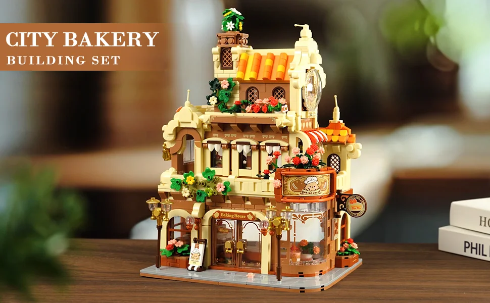 3-stöckiges Bäckerei-Café-Haus-Stadtbaukasten-Set mit LED-Beleuchtung, 1289 Teile, Kuchen- und Brotbäckerei-Raum für Erwachsene und Jugendliche – Detail 1