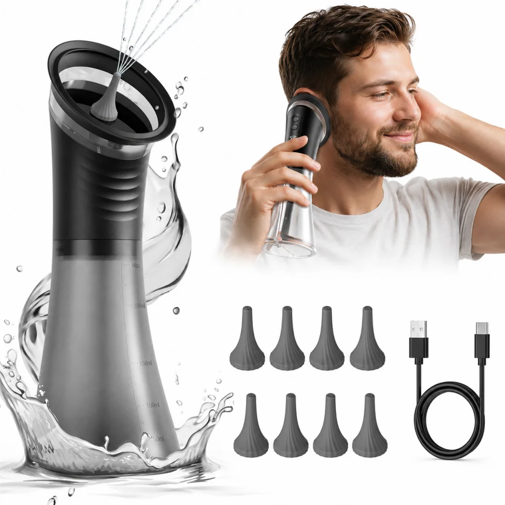 Nettoyeur d'oreilles électrique avec trois modes de pression, batterie rechargeable, double réservoir d'eau et plusieurs embouts pour usage domestique 1