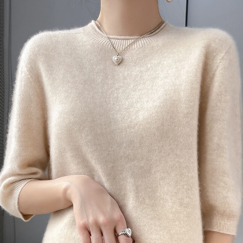 

Women's T-shirt Spring/Summer New 100% Wool Sweater Half Sleeve Casual Pure Knit Tees Ladies Tops Round Neck Fashion Blouse