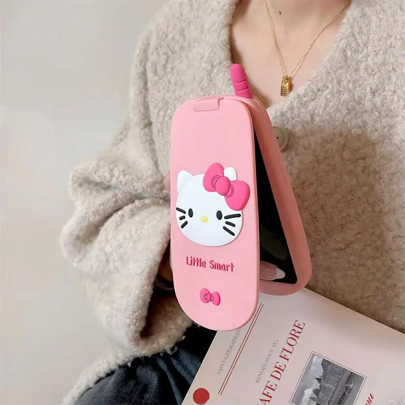 

Hello Kitty Flip Phone Case Kawaii Sanrio Cute Anime Toys Creative Girls with Mirror and Anti Drop Apple Phone Case Fun Gifts