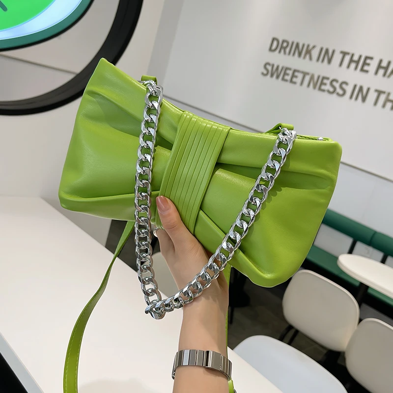 

Chain Shoulder Bag For Women Green Design Shoulder Bag Fashion Bow Underarm Handbag Clutches Female Pure Leather Crossbody Bag