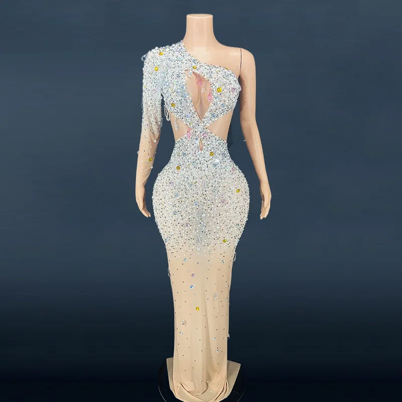 

Luxury rhinestone pearl evening dress Mermaid birthday party tight dress Elegant one shoulder wedding prom dress