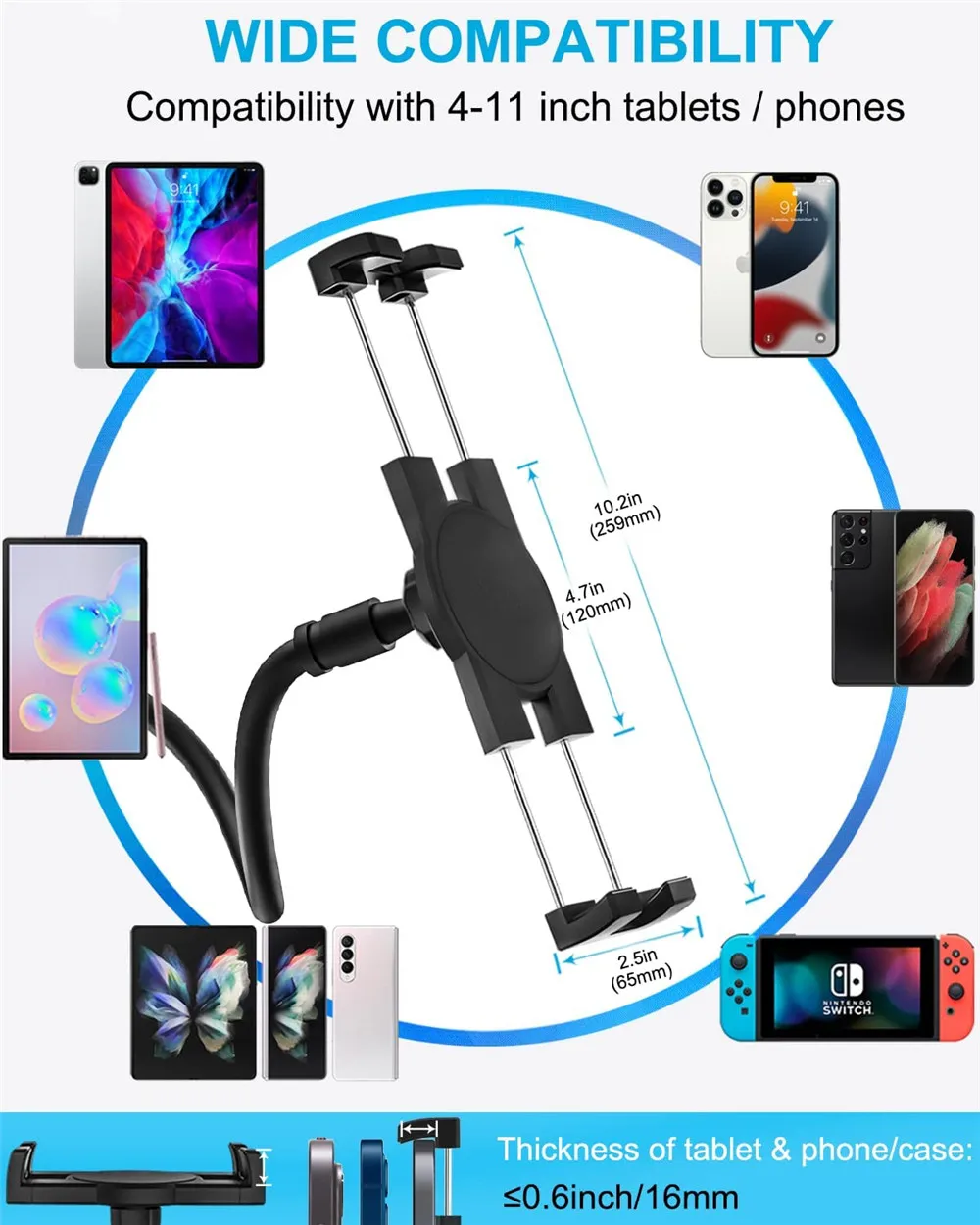 Headrest Cell Phone Stand Holder Table Flexible Arm Clip Tablet Mount for IPad Pro Air Mini IPhone Galaxy Tabs Xiaomi 4.7-12.9”