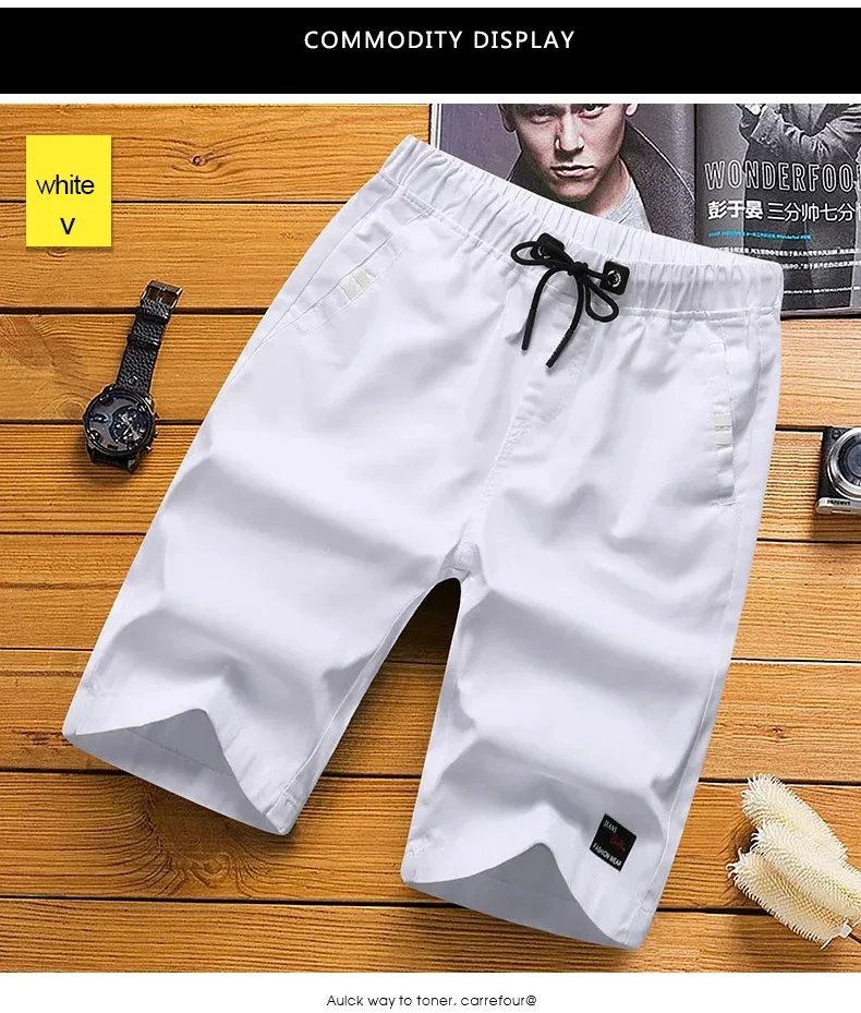 Description Picture 6 of itemSolid Color Elastic Waist Bermudas Male 2024 Trends Men Trousers Pure Cotton Summer Shorts Men Casual White Shorts Solid Color