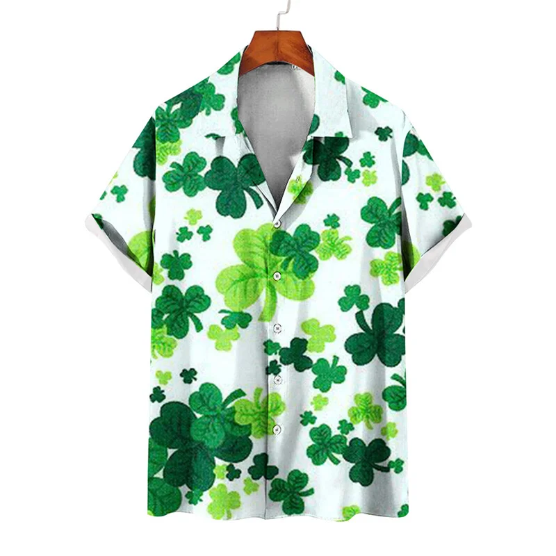 thumbnail image 1 of Camisas de verano con estampado de trébol de cuatro hojas para hombre y mujer, camisas casuales de manga corta con solapa, estilo hawaiano, para playa, estilo urbano, 1 of 5