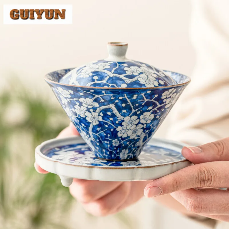 150ml Blue Ice Plum Blossom Gaiwan Retro Ru Kiln Bamboo Hat Sancai Tea Tureen Tea Making Cover Bowl Drinkware Supplies Craft