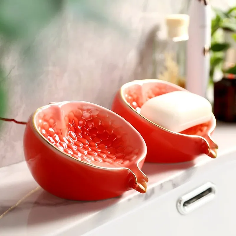 Creative Ceramic Pomegranate Shape Soap Holder Box Wash Table Drain Soap Dish Toilet Box Home Bathroom Decoration