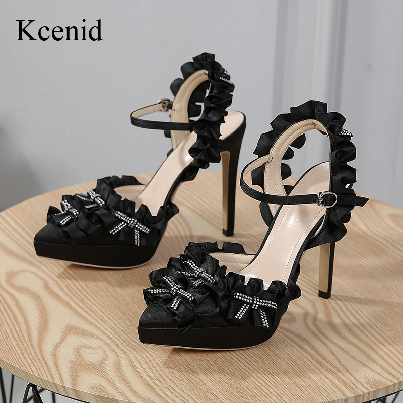 

Kcenid Fashion Satin Crystal Butterfly-knot Platform Pumps High Heel Pointed Toe Sandals Square Button Ankle Strap Wedding Shoes