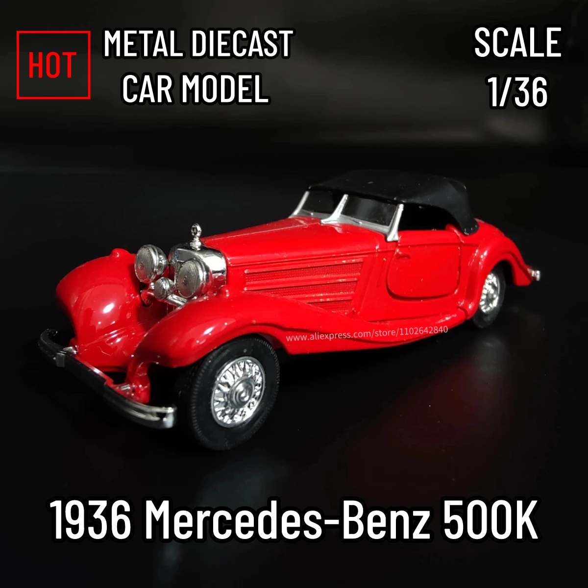 Scale 1:36 1936 Mercedes-Benz 500K Retro Car Model Replica Collectible Miniature for Home Office Educational Toys for Boys