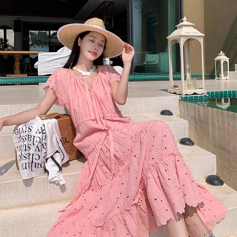 

Summer Pink Holiday Maxi Dress Luxury Bohemian Women Lace Up O Neck Embroidery Flower Hollow Out Drawstring Waist Loose Dresses