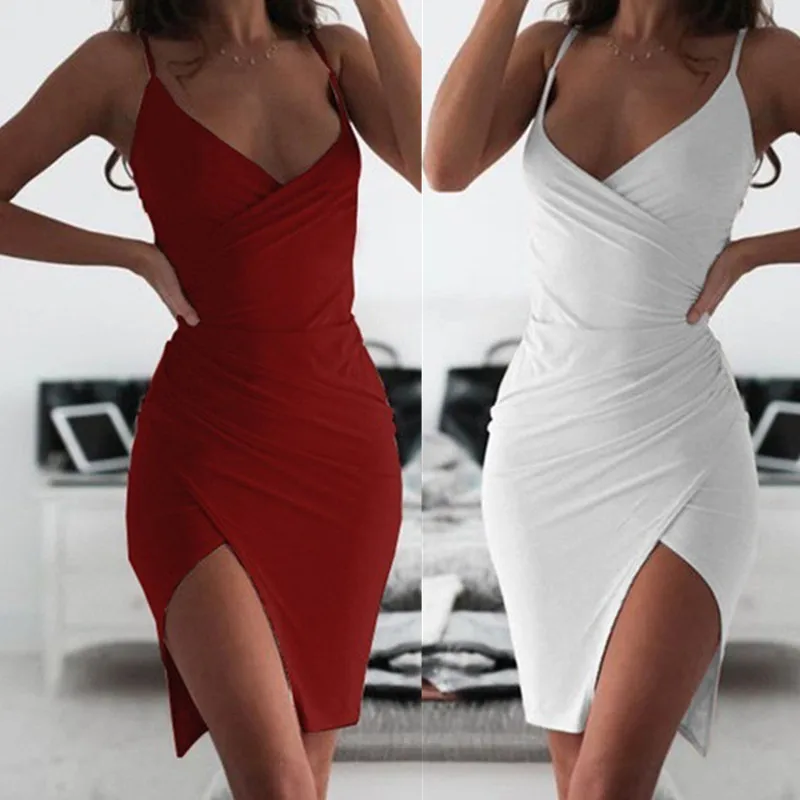 

Women Deep V Neck Club Sexy Bodycon Dress Women Ruched Backless Cross Red Black Party Bandage Mini Summer Dress Vestidos