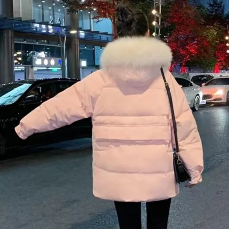 New Women White Duck Down Jacket Winter Coat Female Warm Thick Parkas Short Loose Outwear Artificial Fur Collar Hooded Overcoat