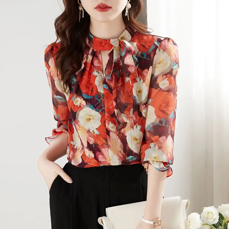 Vintage Printed Lace Up Bow Floral Chiffon Blouse Women's Clothing 2023 Autumn New Oversized Casual Tops Office Lady Shirt