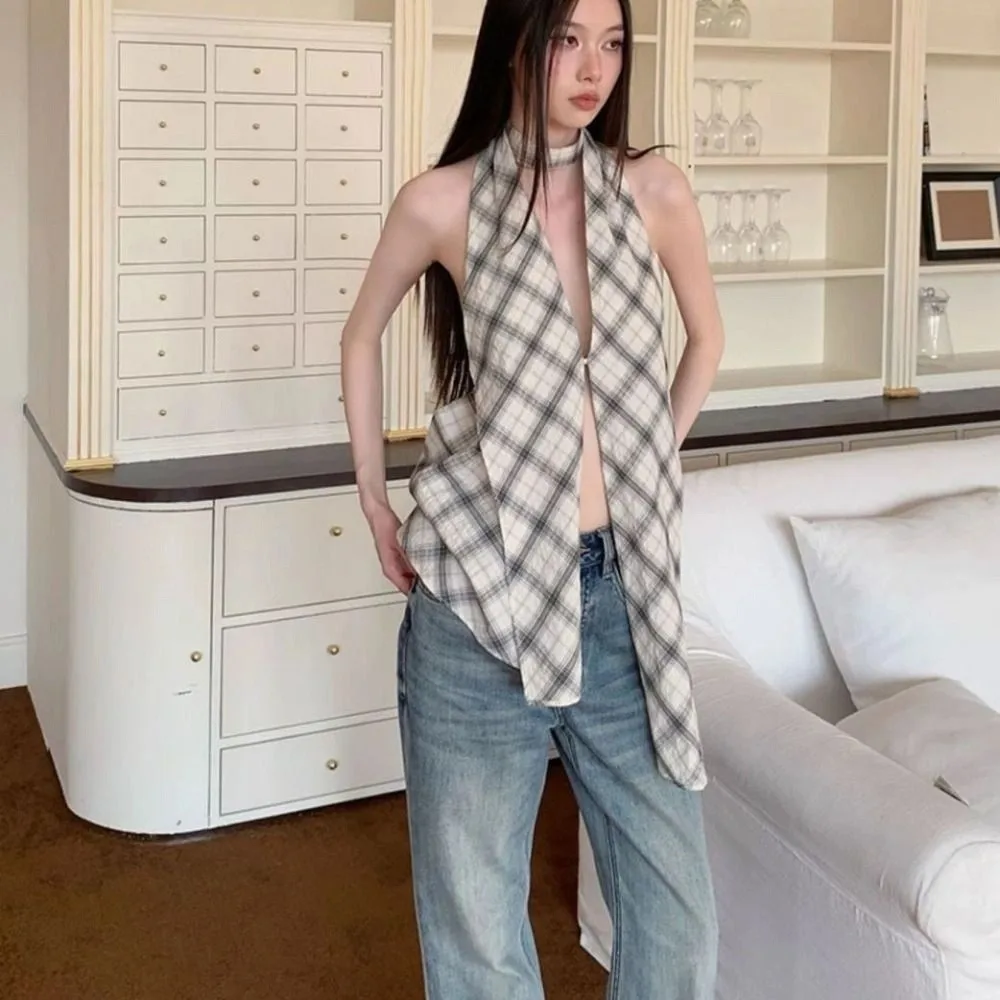 Fashion Grid Halter Sleeveless Camisole Irregular Sweet Slim Crop Tops Split Spicy Girl Suspender Vest Spring Summer