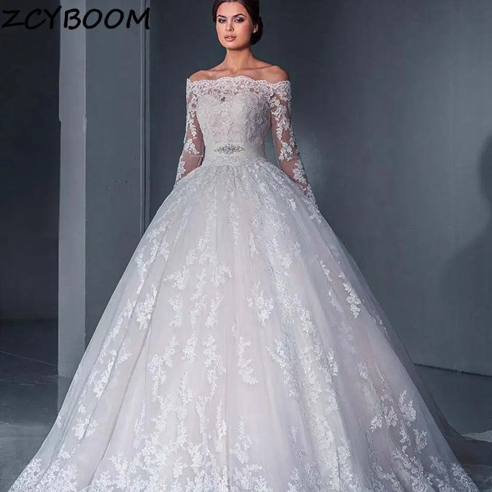 

Exquisite Lace Appliques Boat Neck A Line Wedding Dresses 2024 Sash Illusion Full Sleeves Tulle Gorgeous Bride Gowns For Women