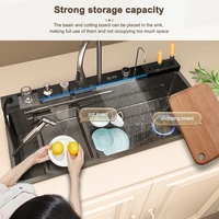 Extra Large Sinks 100x50cm Stainless Steel Kitchen Sink with Waterfall Oversized Single Slot Digital Display Dishwashing Basin 2