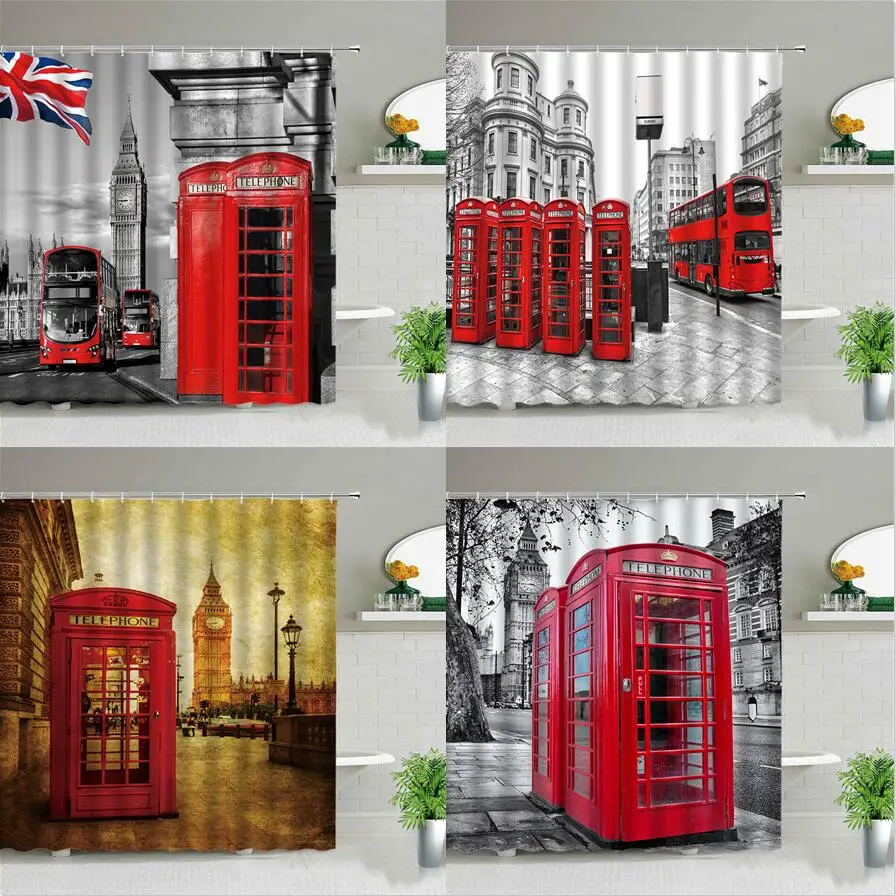 

Лондонская душевая занавеска Big Ben в европейском стиле, красная телефонная связь, стандартная газета, экран для ванной, занавеска для ванной