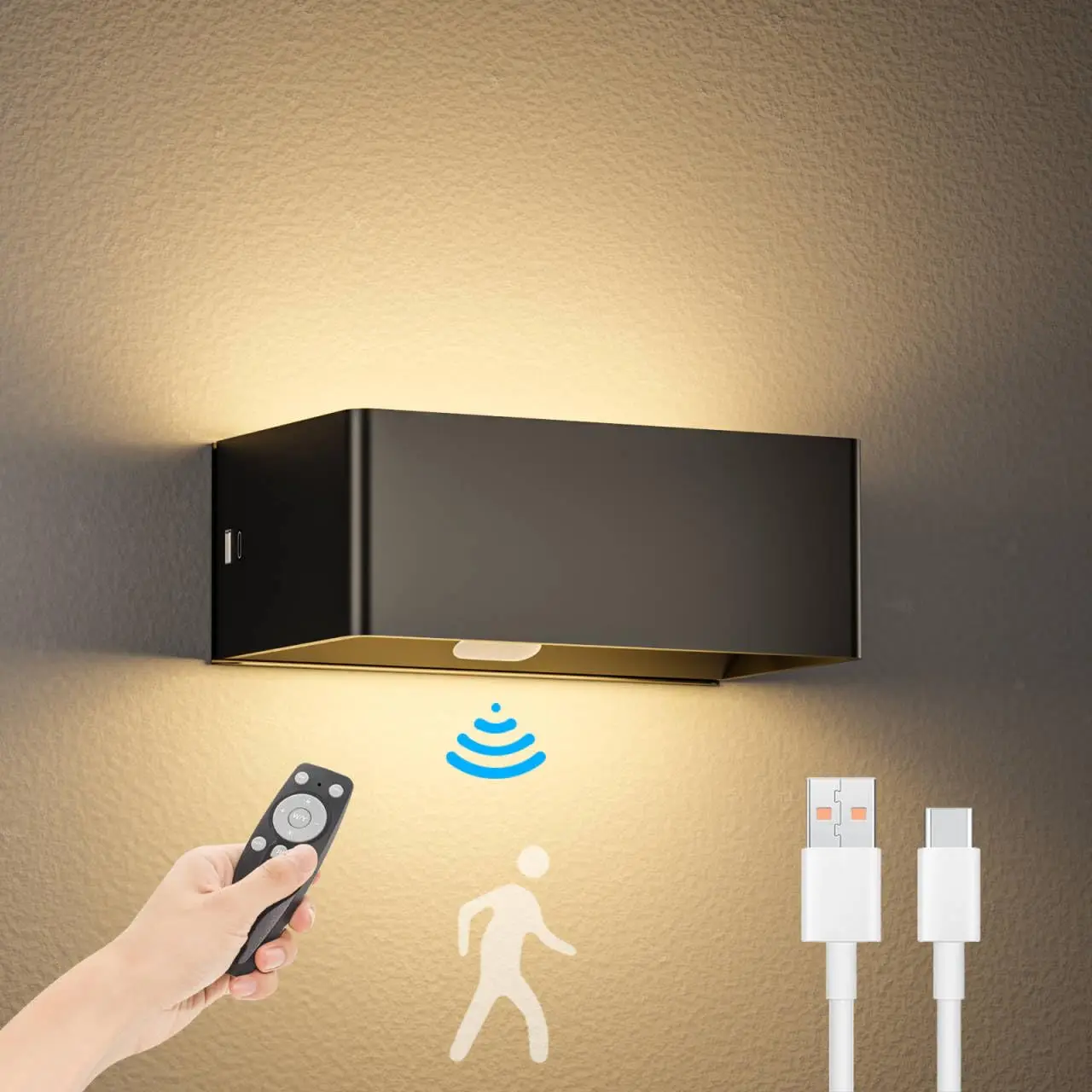 USB 충전식 실내 벽 램프, 리모컨 PIR 모션 센서, 마그네틱 벽 조명, 4400mah 배터리 작동