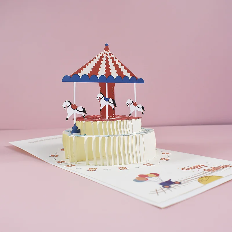 Happy Birthday Cards 3D Pop up Carousel for Kids Cute Cartoon Holiday Blessings With Envelope Children's Day