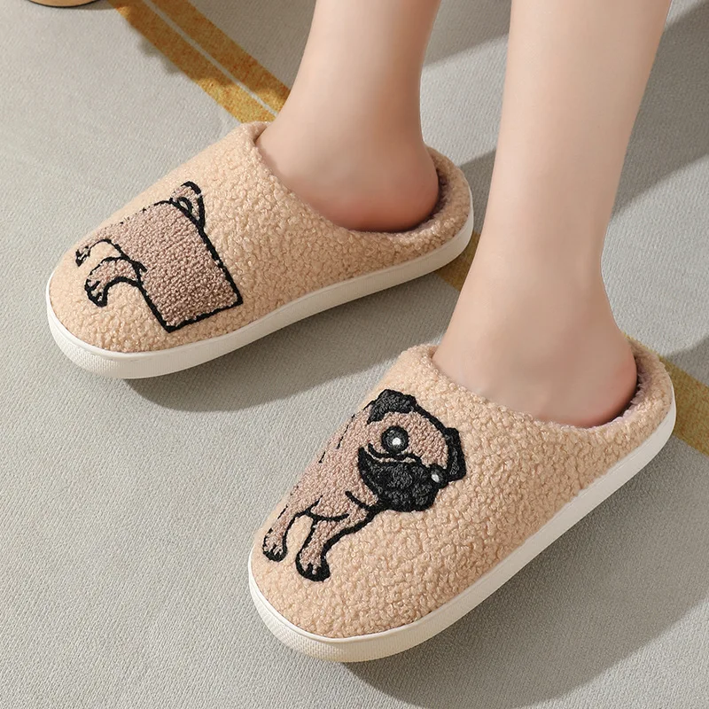 Pet Pattern Pug Pug Embroidery stuffed Home Platform Cozy Furry Cotton Slippers Cute Warm Non-slip Indoor Slippers Pet Mom Gift 3