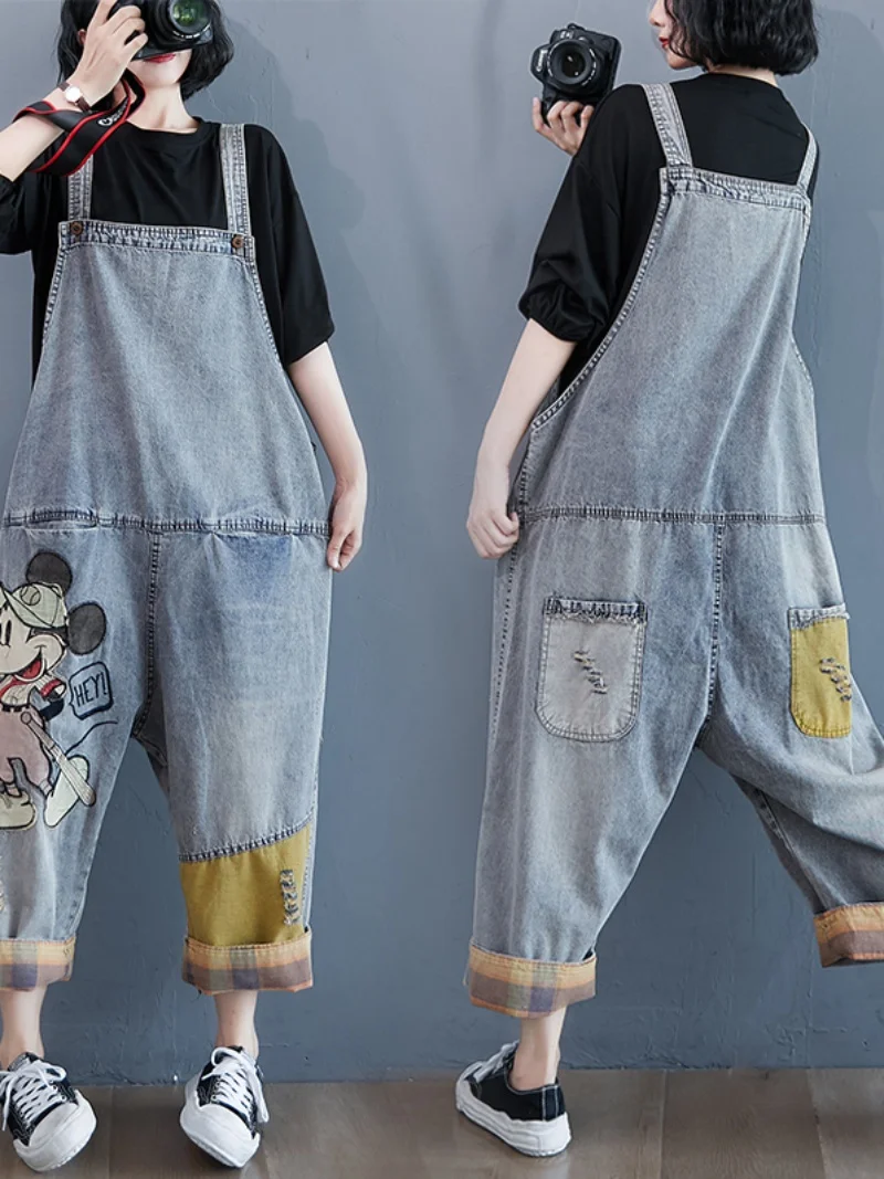 Light Blue Casual Denim Overalls Women's High Waist Nine-Piece Cartoon Print Loose Fit Jeans Summer 2023 Faion Trend