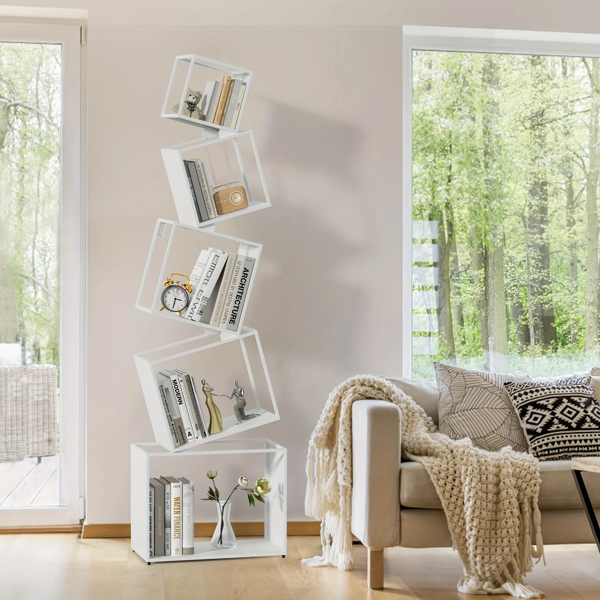 Modern 5-Tier Bookshelf White Metal Bookshelf 73 Inch High Book Rack Home Office Storage Organizer for Books & Supplies