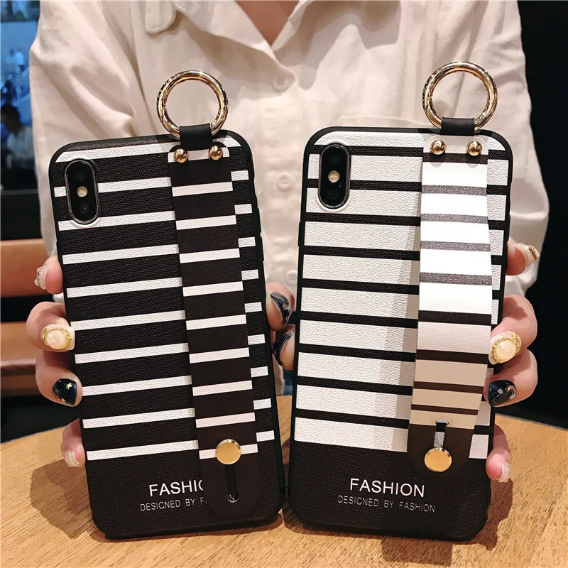 Black and White Stripes Wrist Strap Phone Holder with Soft TPU Cover