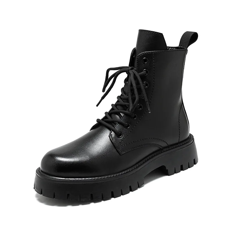thumbnail image 1 of Botas de hombre estilo Chelsea botines negros trabajo de invierno botines de cuero de caña alta más botas de lana para motocicletas C1175, 1 of 5