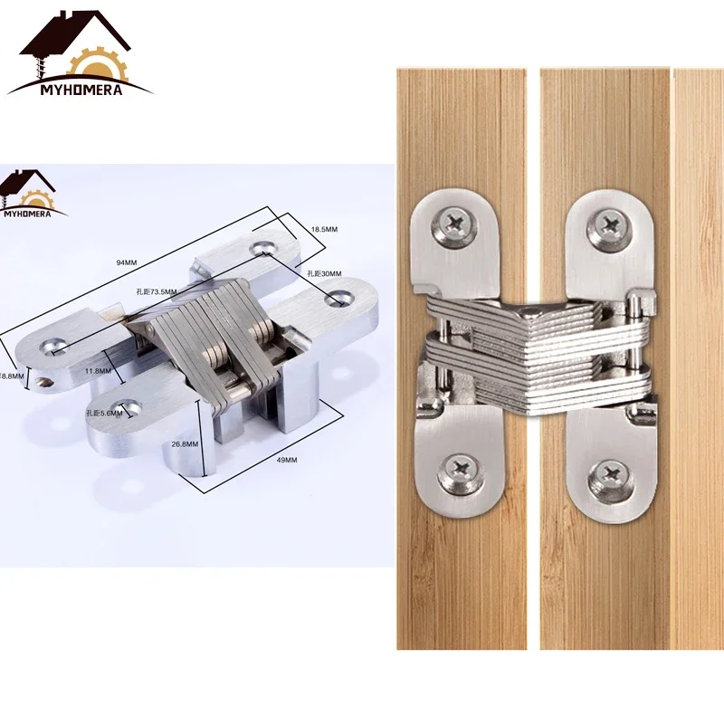 Stainless Steel Hidden Door Hinges Heavy-loading 30kg 19*95mm Built-in Concealed Cross Folding Doors Hinge Furniture Hardware