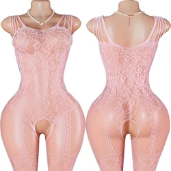 Elegant High Mesh Crotchless Lingerie with Suspenders and Hollow Bodystocking Design - One Size (29-Pink)