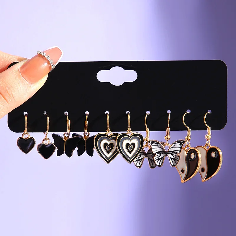 Fashion Black Heart Drop Earrings Set  for Women Chessboard Ladies Love Tai Chi Temperament Earring 2023 Trendy Jewelry Gifts