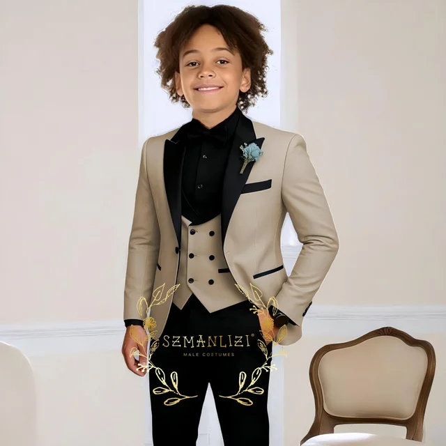 Costume de smoking de mariage pour garçons, 3 pièces, veste à col à visière, pantalon, gilet, ensemble Blazer formel pour enfant, tenue cintrée, costume garcon mariage 1